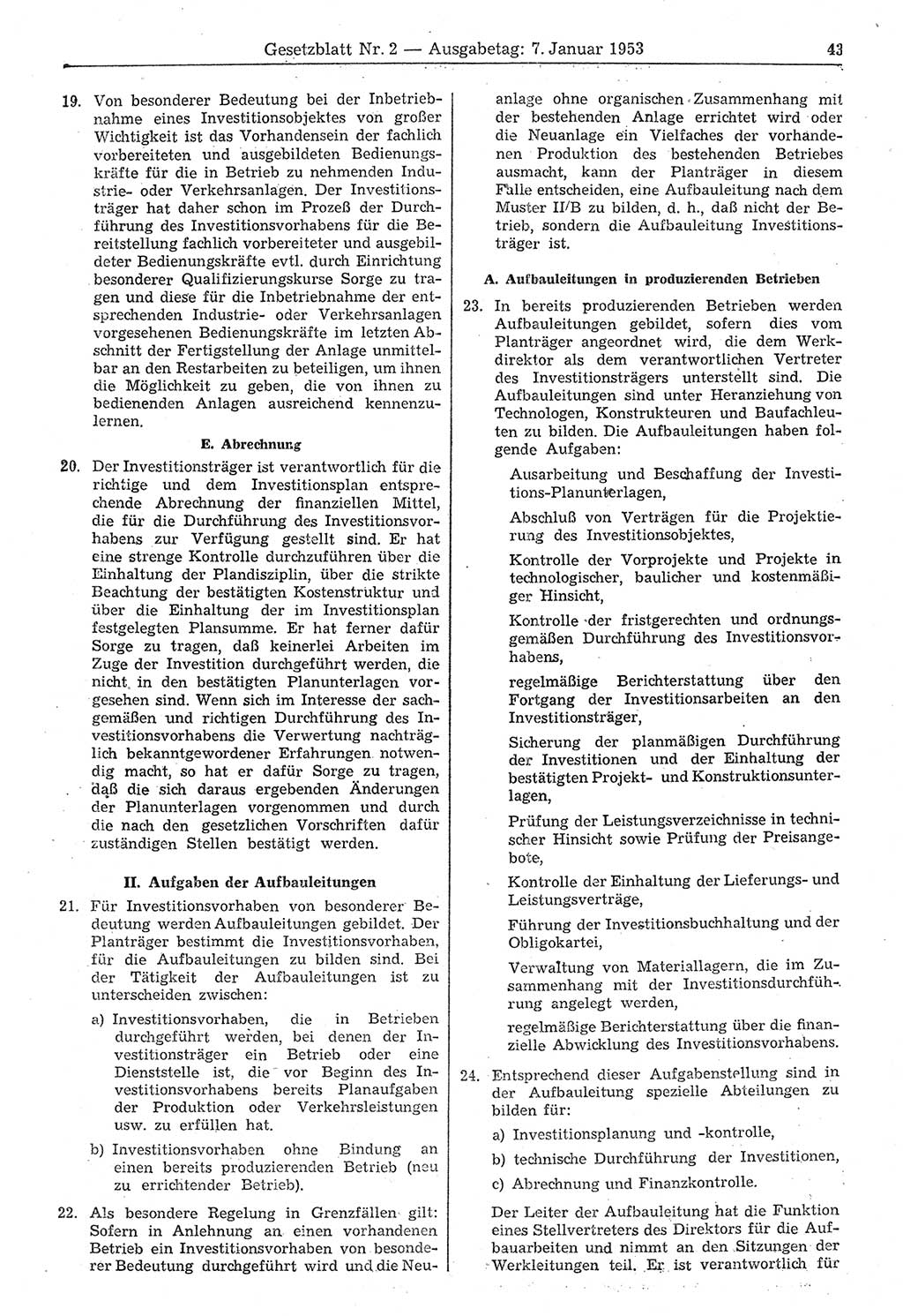 Gesetzblatt (GBl.) der Deutschen Demokratischen Republik (DDR) 1953, Seite 43 (GBl. DDR 1953, S. 43)