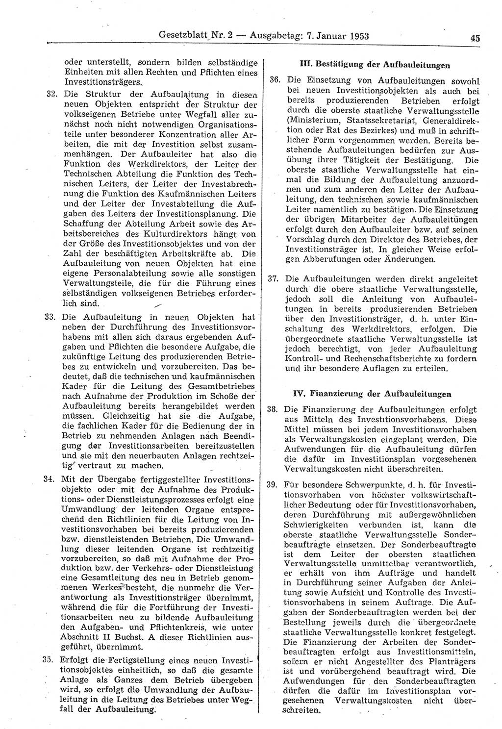 Gesetzblatt (GBl.) der Deutschen Demokratischen Republik (DDR) 1953, Seite 45 (GBl. DDR 1953, S. 45)