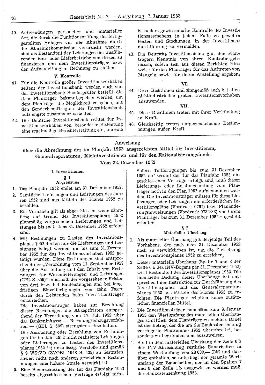 Gesetzblatt (GBl.) der Deutschen Demokratischen Republik (DDR) 1953, Seite 46 (GBl. DDR 1953, S. 46)