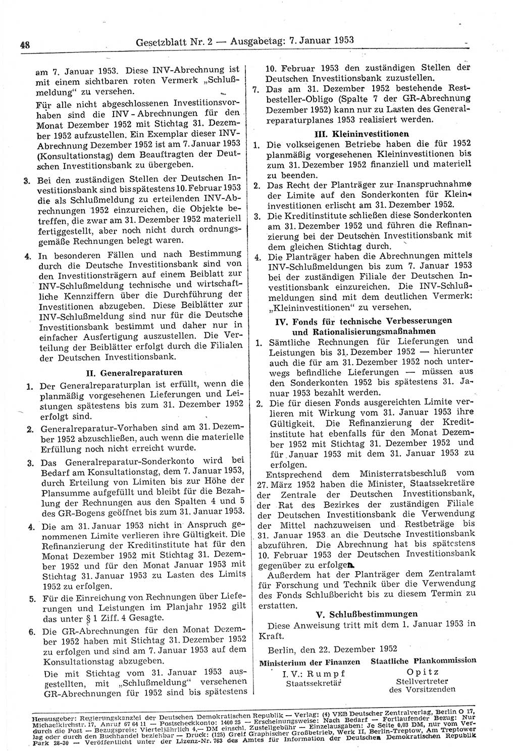 Gesetzblatt (GBl.) der Deutschen Demokratischen Republik (DDR) 1953, Seite 48 (GBl. DDR 1953, S. 48)