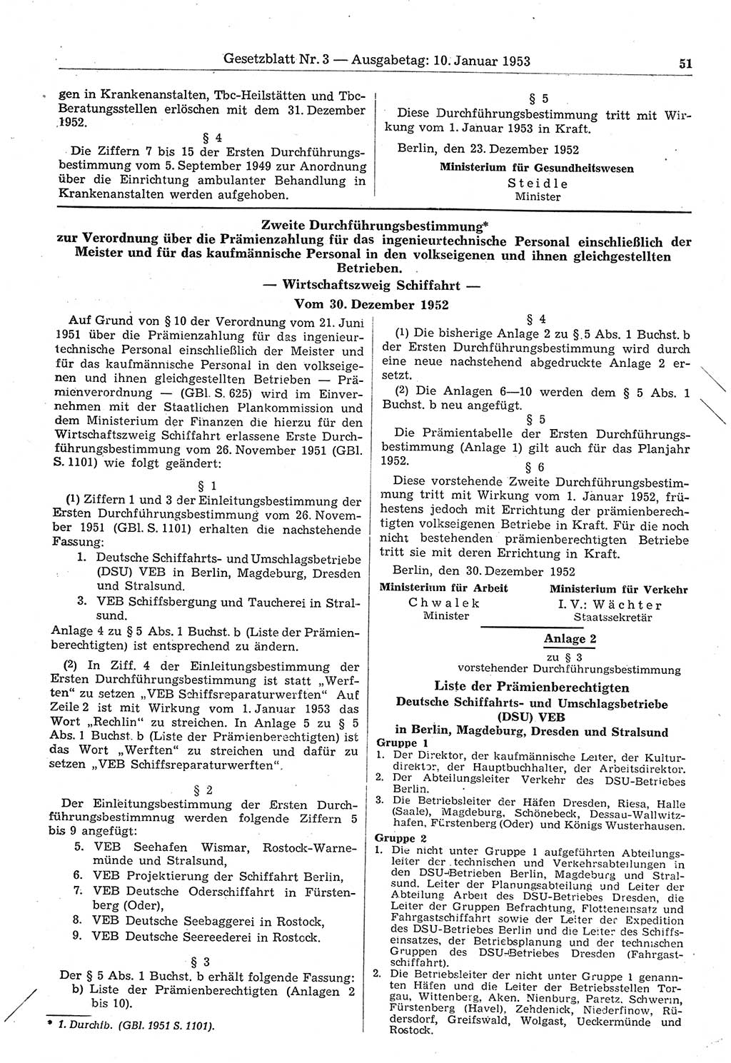 Gesetzblatt (GBl.) der Deutschen Demokratischen Republik (DDR) 1953, Seite 51 (GBl. DDR 1953, S. 51)