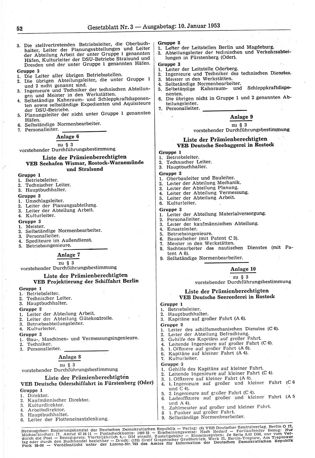 Gesetzblatt (GBl.) der Deutschen Demokratischen Republik (DDR) 1953, Seite 52 (GBl. DDR 1953, S. 52)