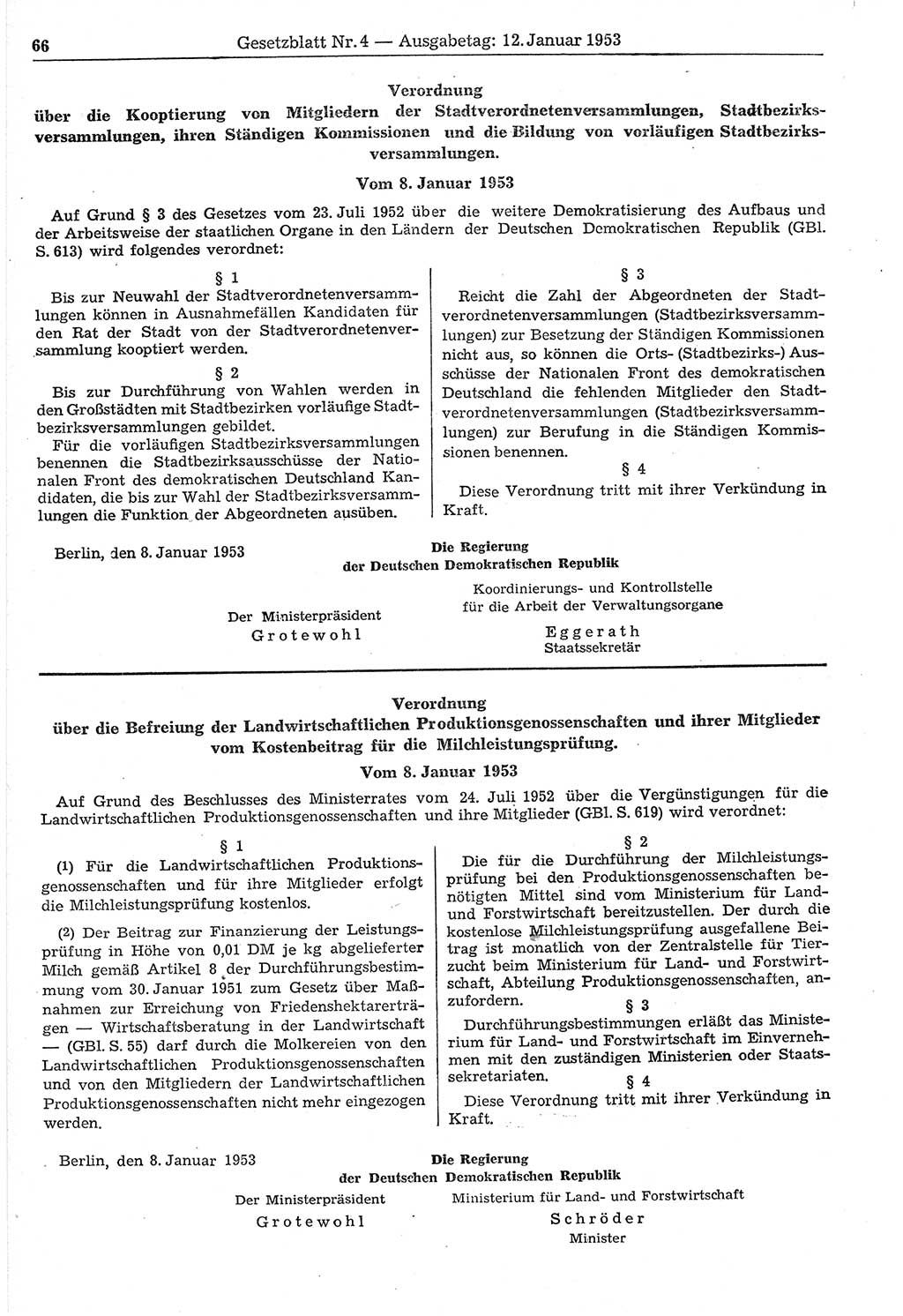 Gesetzblatt (GBl.) der Deutschen Demokratischen Republik (DDR) 1953, Seite 66 (GBl. DDR 1953, S. 66)