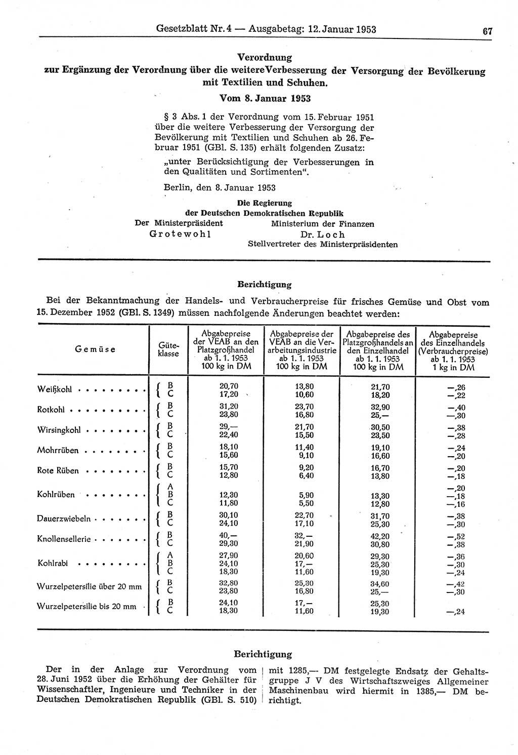 Gesetzblatt (GBl.) der Deutschen Demokratischen Republik (DDR) 1953, Seite 67 (GBl. DDR 1953, S. 67)