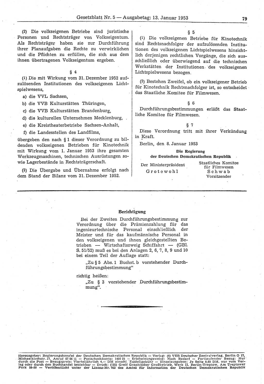 Gesetzblatt (GBl.) der Deutschen Demokratischen Republik (DDR) 1953, Seite 79 (GBl. DDR 1953, S. 79)