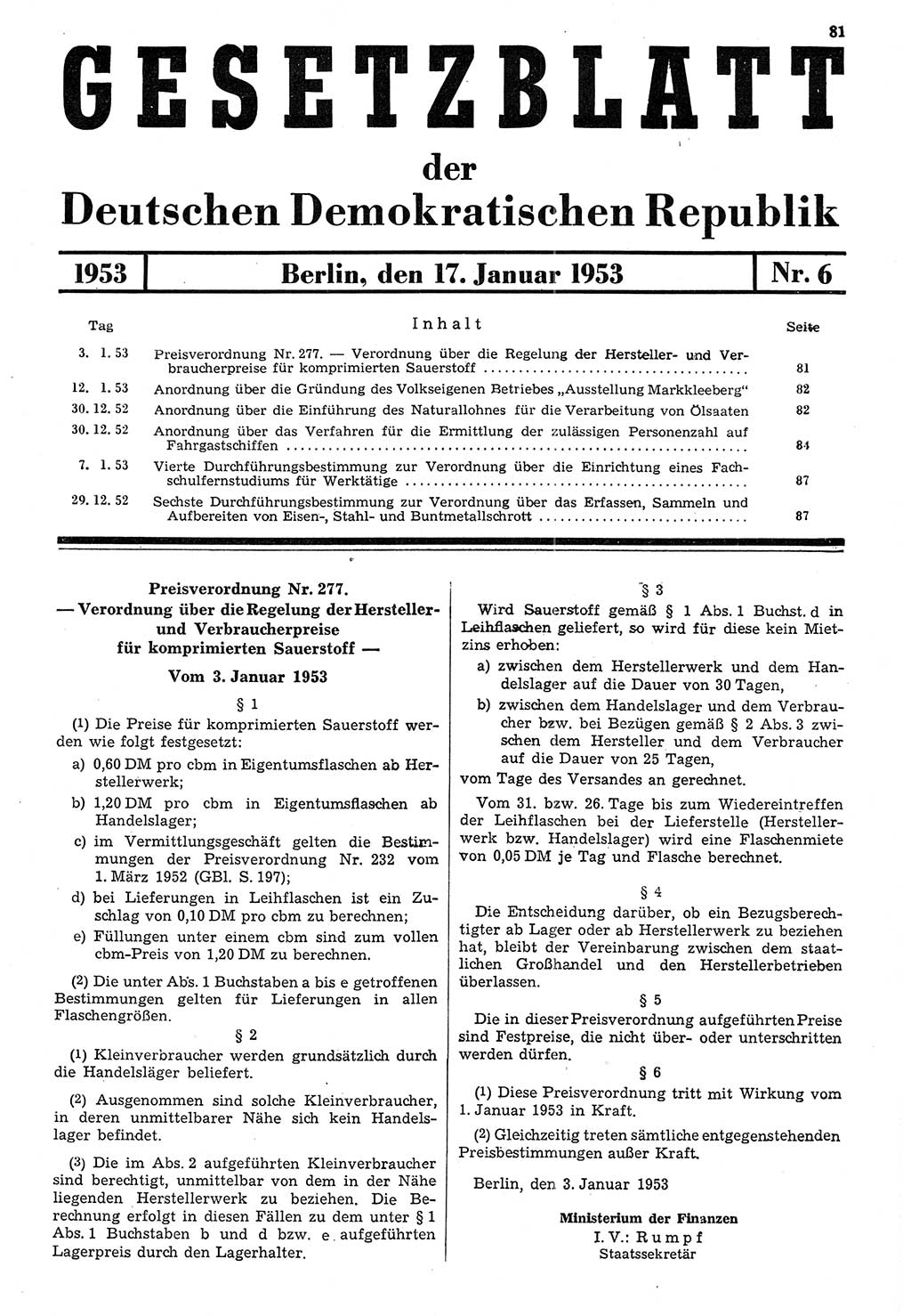 Gesetzblatt (GBl.) der Deutschen Demokratischen Republik (DDR) 1953, Seite 81 (GBl. DDR 1953, S. 81)