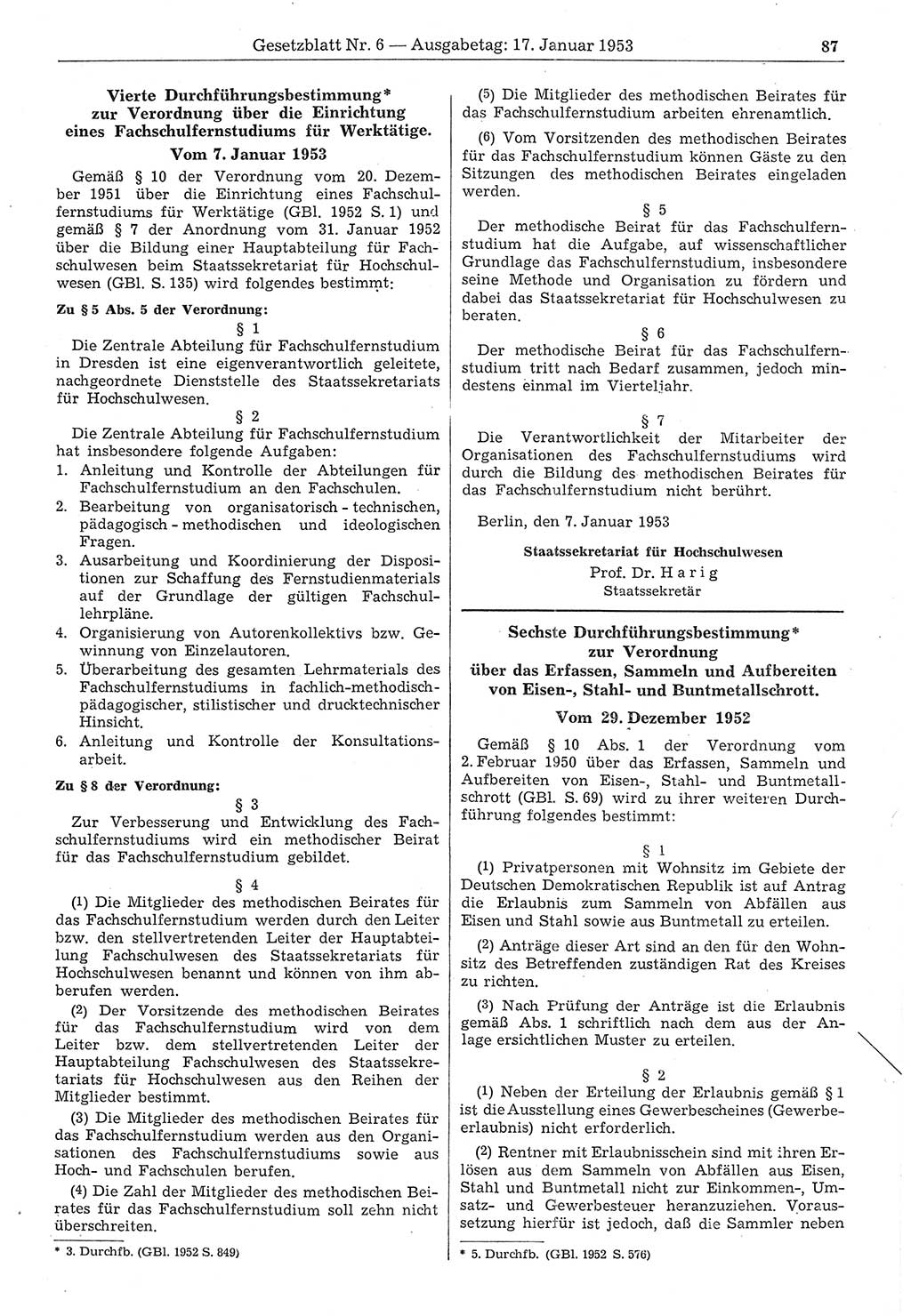 Gesetzblatt (GBl.) der Deutschen Demokratischen Republik (DDR) 1953, Seite 87 (GBl. DDR 1953, S. 87)