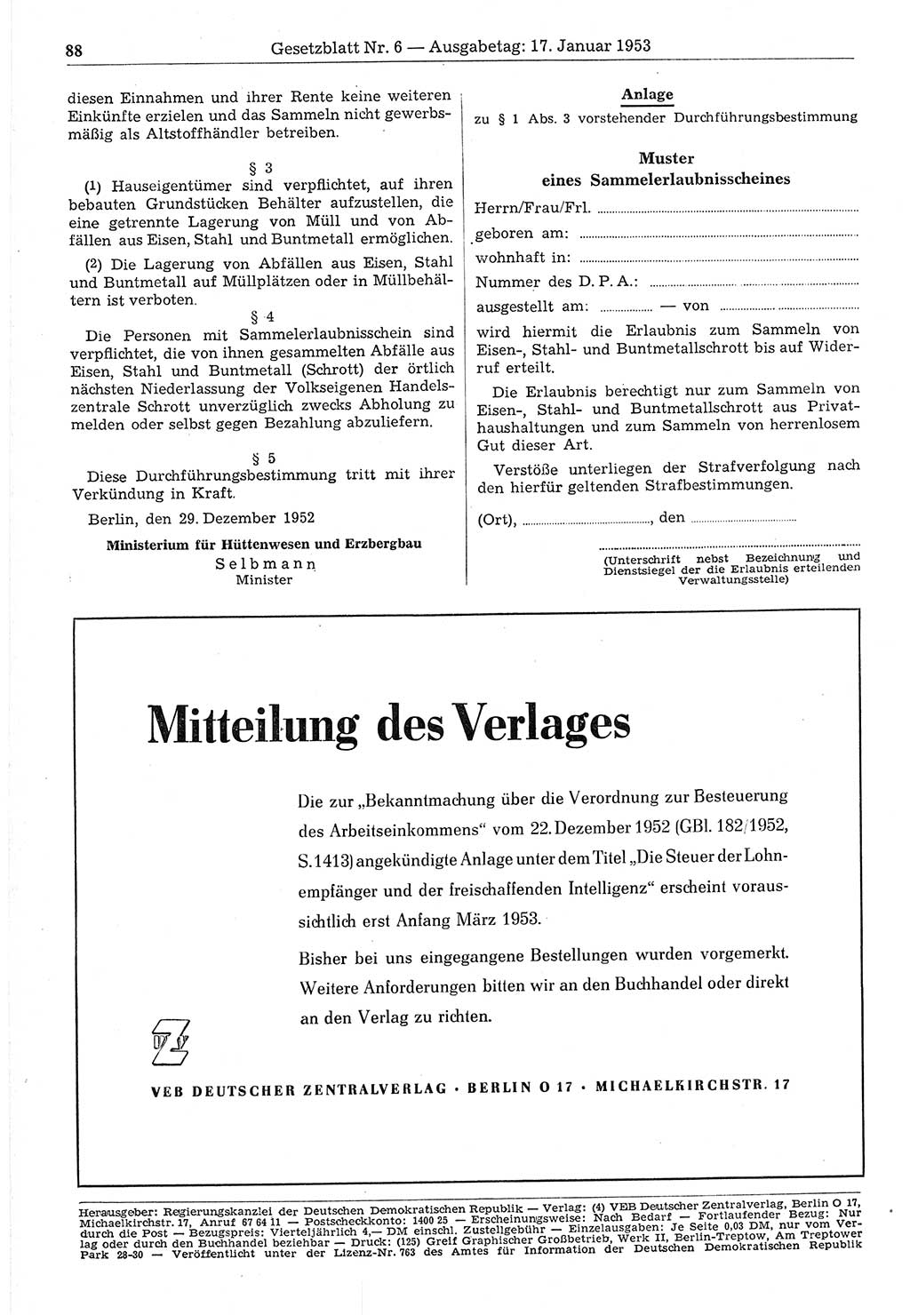 Gesetzblatt (GBl.) der Deutschen Demokratischen Republik (DDR) 1953, Seite 88 (GBl. DDR 1953, S. 88)