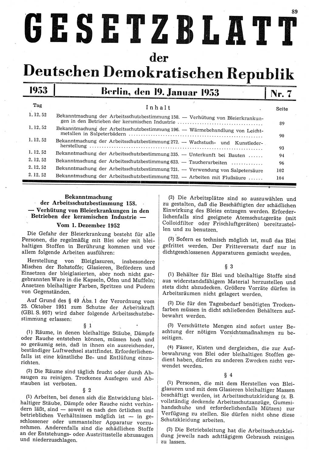 Gesetzblatt (GBl.) der Deutschen Demokratischen Republik (DDR) 1953, Seite 89 (GBl. DDR 1953, S. 89)