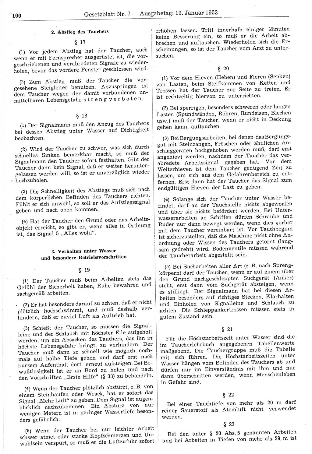 Gesetzblatt (GBl.) der Deutschen Demokratischen Republik (DDR) 1953, Seite 100 (GBl. DDR 1953, S. 100)