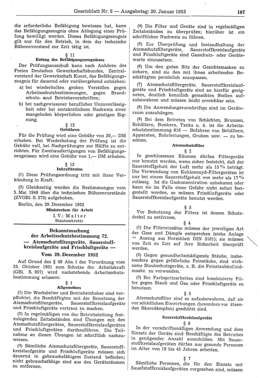 Gesetzblatt (GBl.) der Deutschen Demokratischen Republik (DDR) 1953, Seite 107 (GBl. DDR 1953, S. 107)