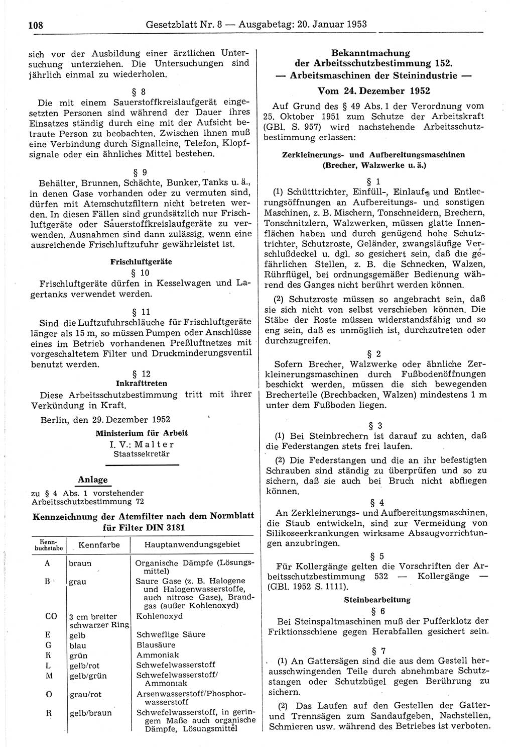 Gesetzblatt (GBl.) der Deutschen Demokratischen Republik (DDR) 1953, Seite 108 (GBl. DDR 1953, S. 108)