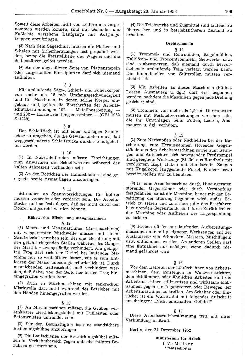 Gesetzblatt (GBl.) der Deutschen Demokratischen Republik (DDR) 1953, Seite 109 (GBl. DDR 1953, S. 109)