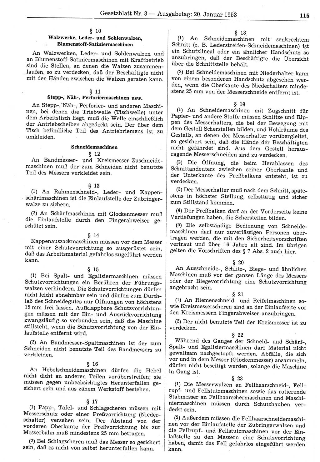 Gesetzblatt (GBl.) der Deutschen Demokratischen Republik (DDR) 1953, Seite 115 (GBl. DDR 1953, S. 115)