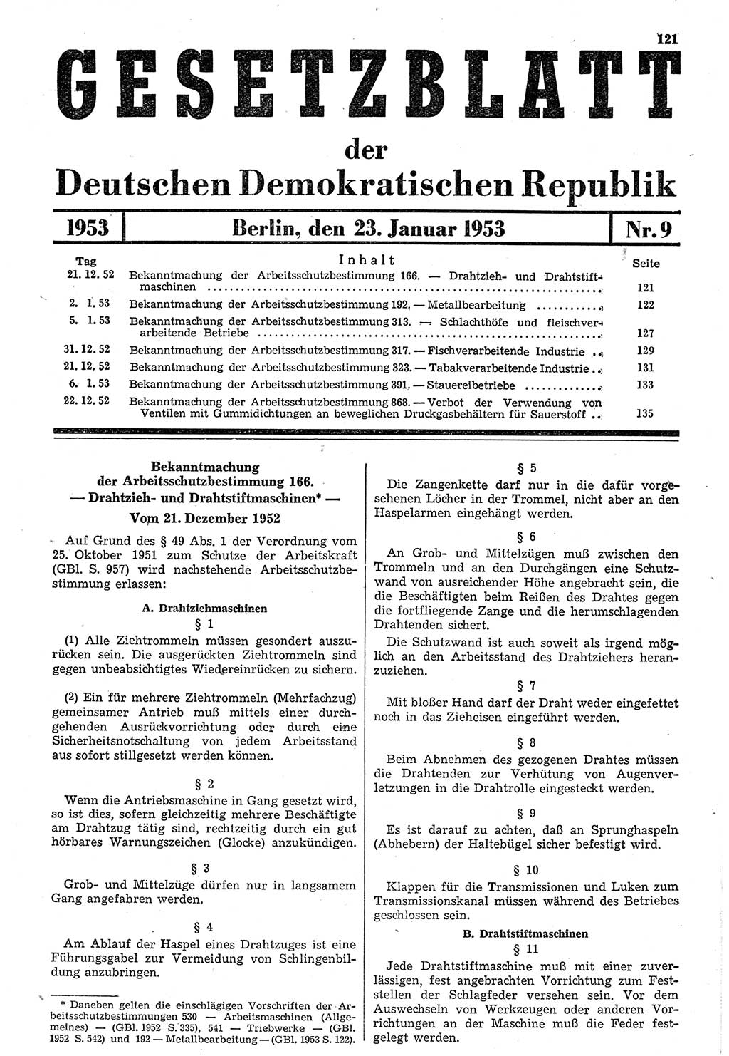 Gesetzblatt (GBl.) der Deutschen Demokratischen Republik (DDR) 1953, Seite 121 (GBl. DDR 1953, S. 121)
