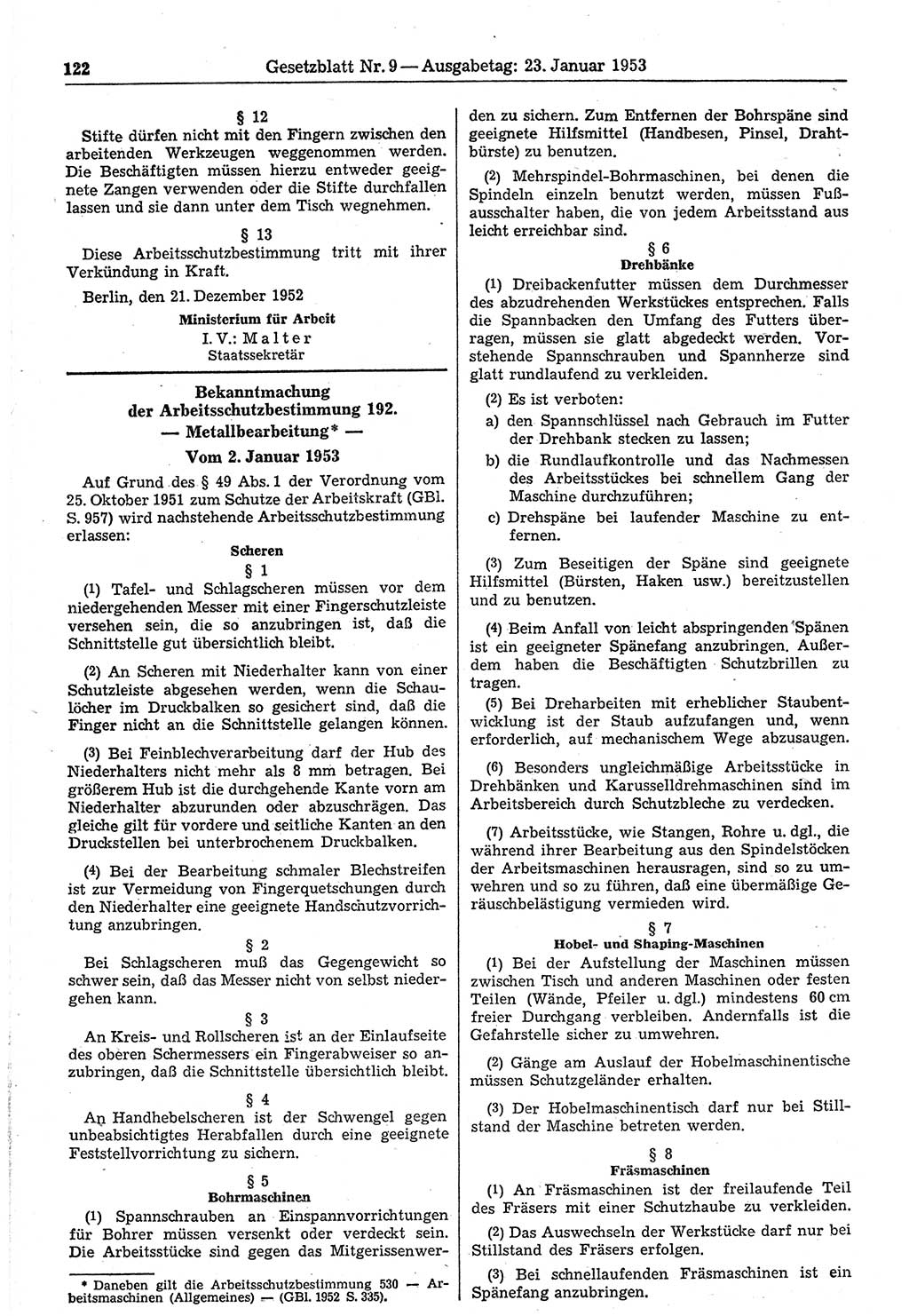 Gesetzblatt (GBl.) der Deutschen Demokratischen Republik (DDR) 1953, Seite 122 (GBl. DDR 1953, S. 122)