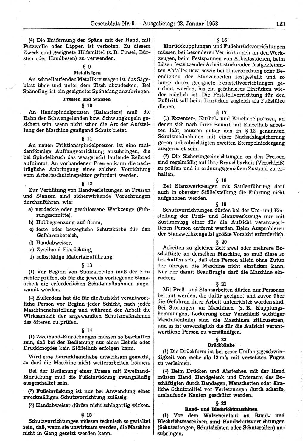 Gesetzblatt (GBl.) der Deutschen Demokratischen Republik (DDR) 1953, Seite 123 (GBl. DDR 1953, S. 123)