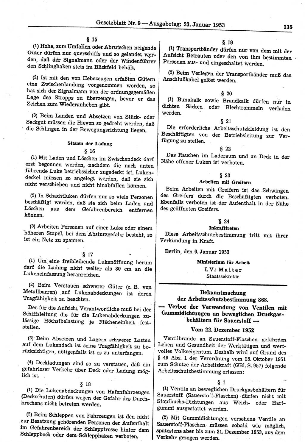 Gesetzblatt (GBl.) der Deutschen Demokratischen Republik (DDR) 1953, Seite 135 (GBl. DDR 1953, S. 135)