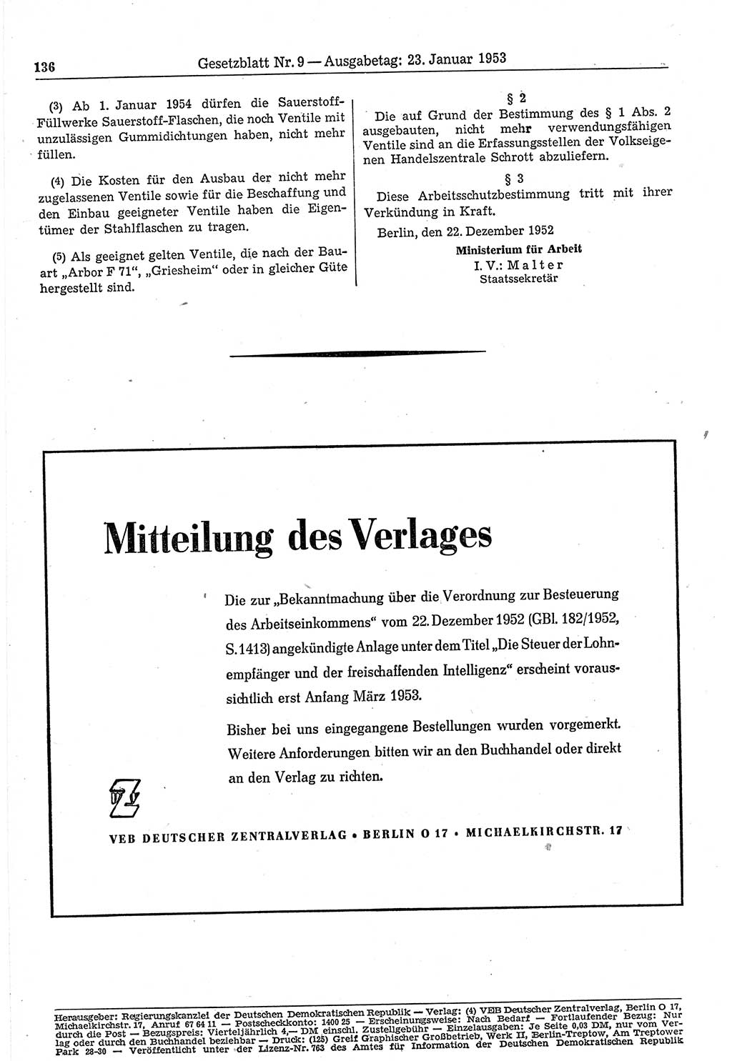 Gesetzblatt (GBl.) der Deutschen Demokratischen Republik (DDR) 1953, Seite 136 (GBl. DDR 1953, S. 136)
