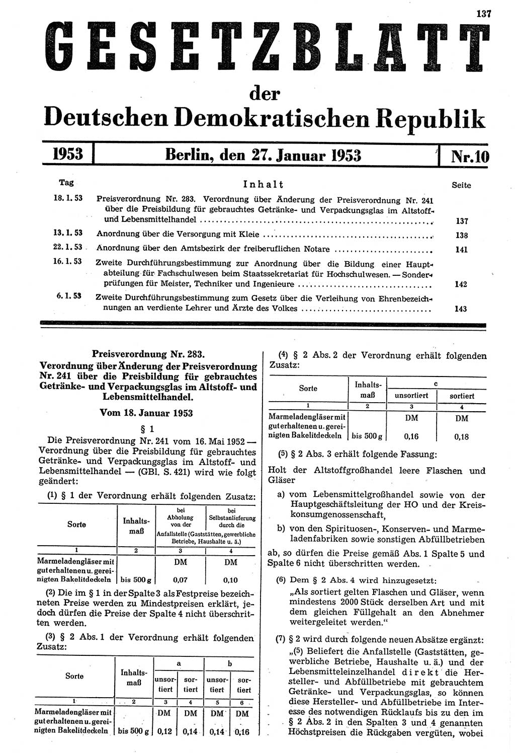 Gesetzblatt (GBl.) der Deutschen Demokratischen Republik (DDR) 1953, Seite 137 (GBl. DDR 1953, S. 137)