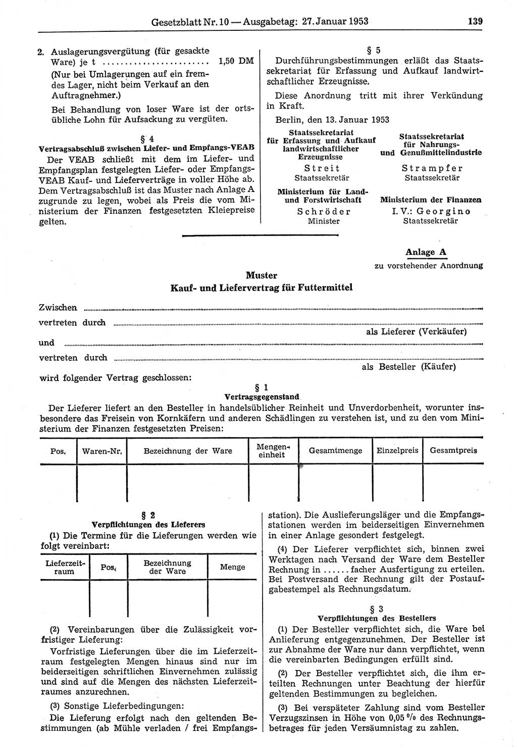 Gesetzblatt (GBl.) der Deutschen Demokratischen Republik (DDR) 1953, Seite 139 (GBl. DDR 1953, S. 139)