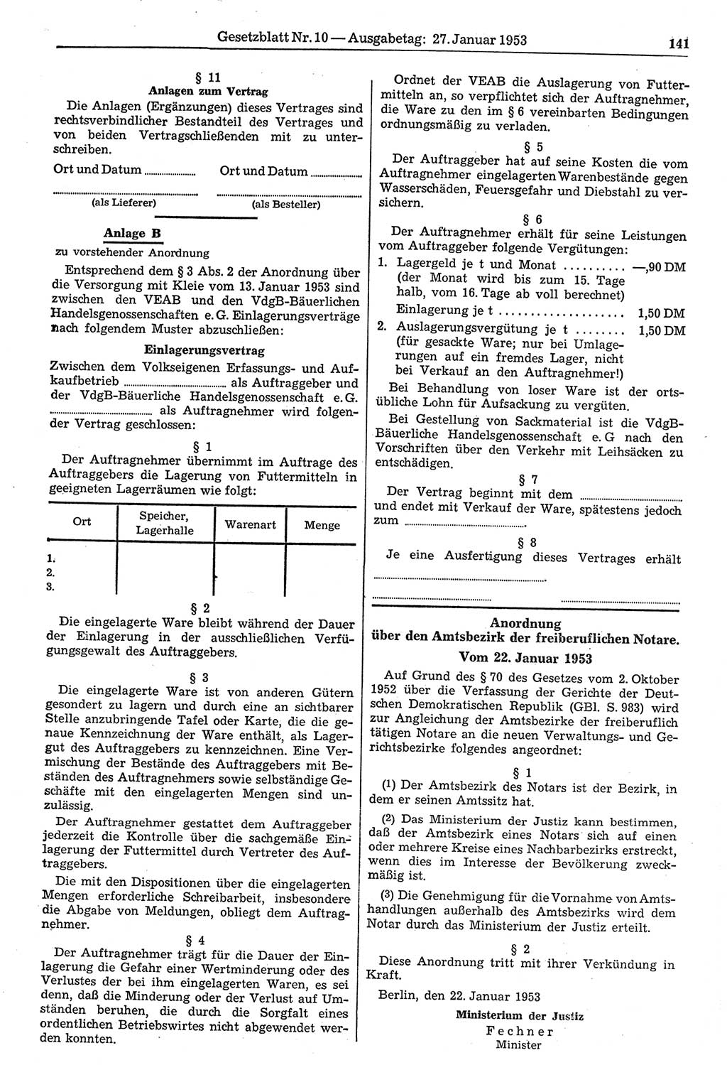 Gesetzblatt (GBl.) der Deutschen Demokratischen Republik (DDR) 1953, Seite 141 (GBl. DDR 1953, S. 141)