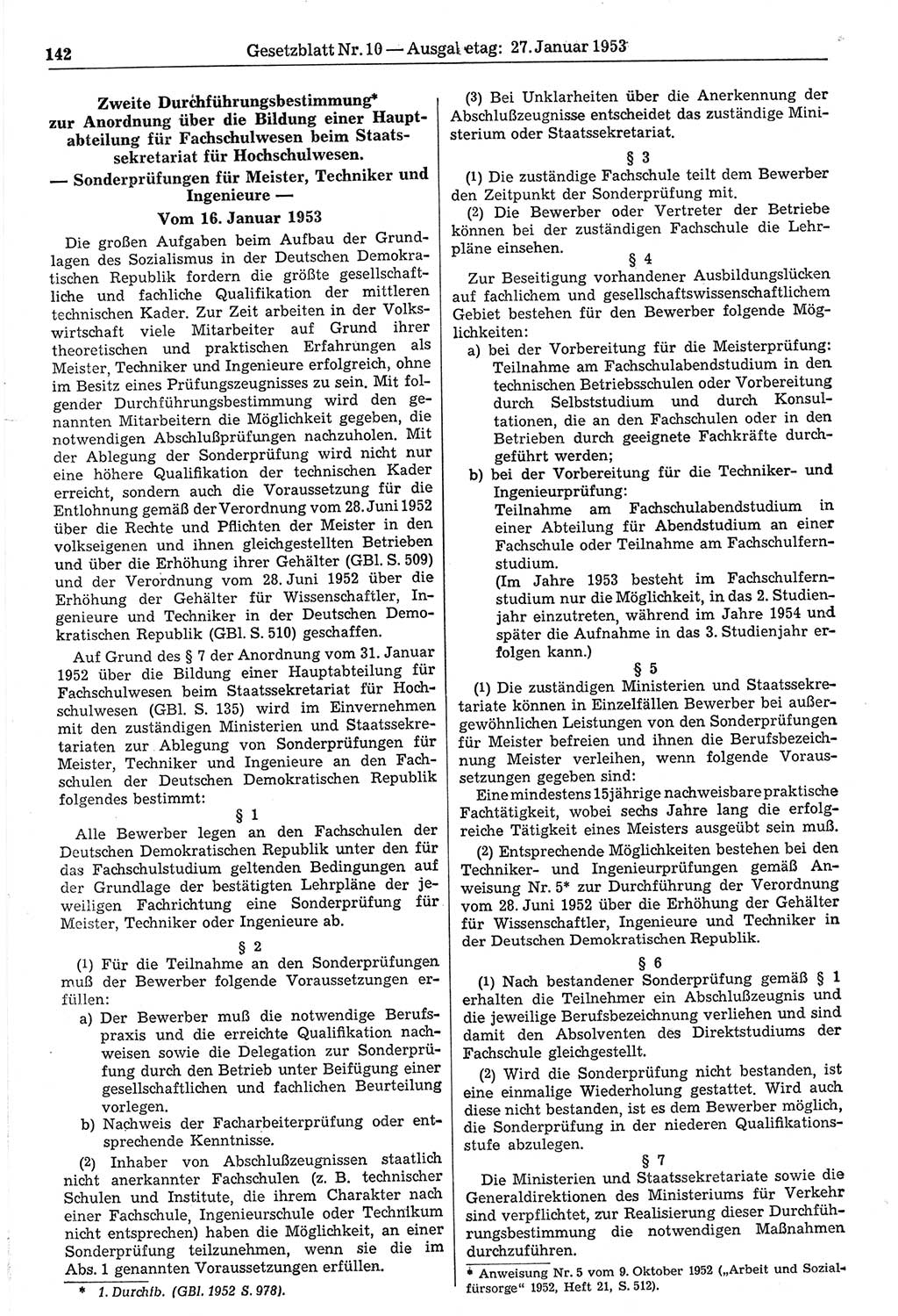 Gesetzblatt (GBl.) der Deutschen Demokratischen Republik (DDR) 1953, Seite 142 (GBl. DDR 1953, S. 142)