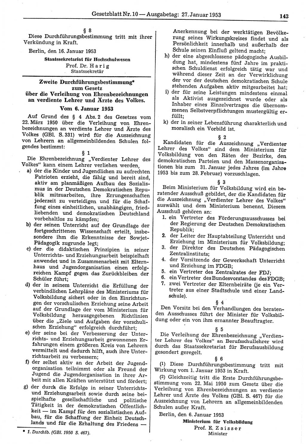 Gesetzblatt (GBl.) der Deutschen Demokratischen Republik (DDR) 1953, Seite 143 (GBl. DDR 1953, S. 143)