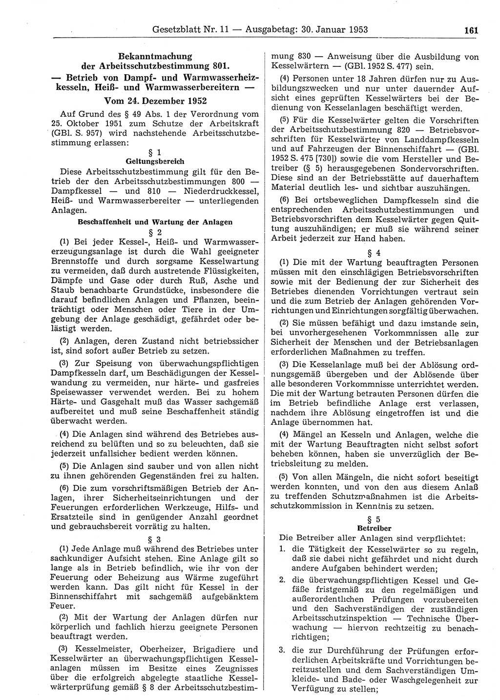 Gesetzblatt (GBl.) der Deutschen Demokratischen Republik (DDR) 1953, Seite 161 (GBl. DDR 1953, S. 161)