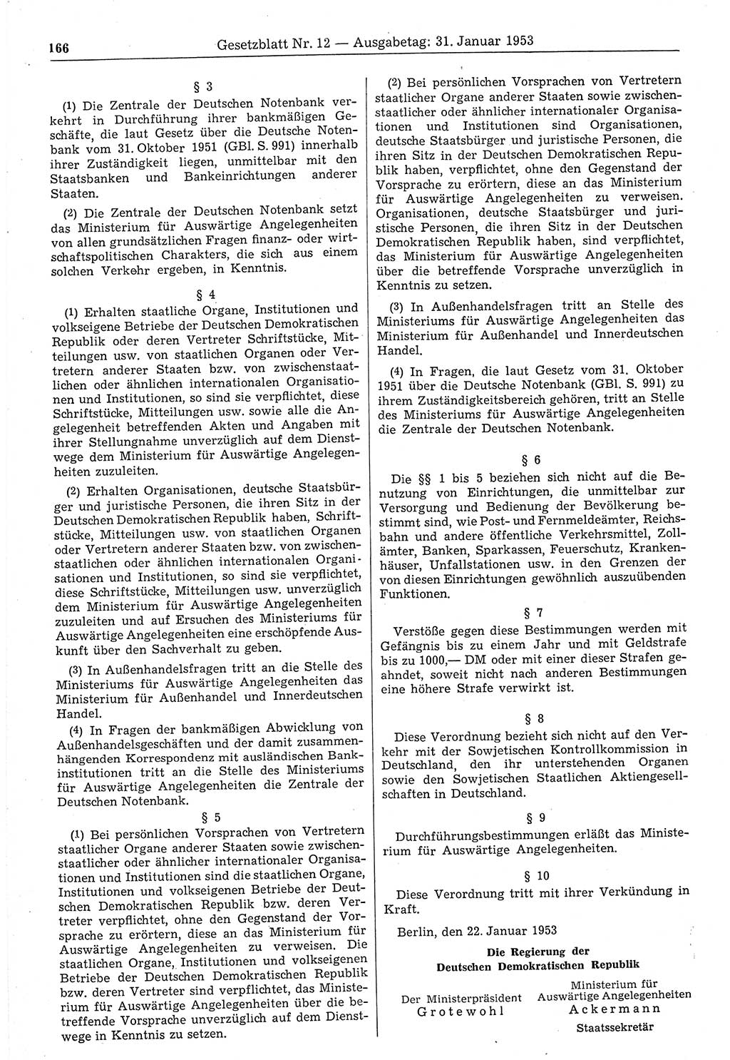 Gesetzblatt (GBl.) der Deutschen Demokratischen Republik (DDR) 1953, Seite 166 (GBl. DDR 1953, S. 166)