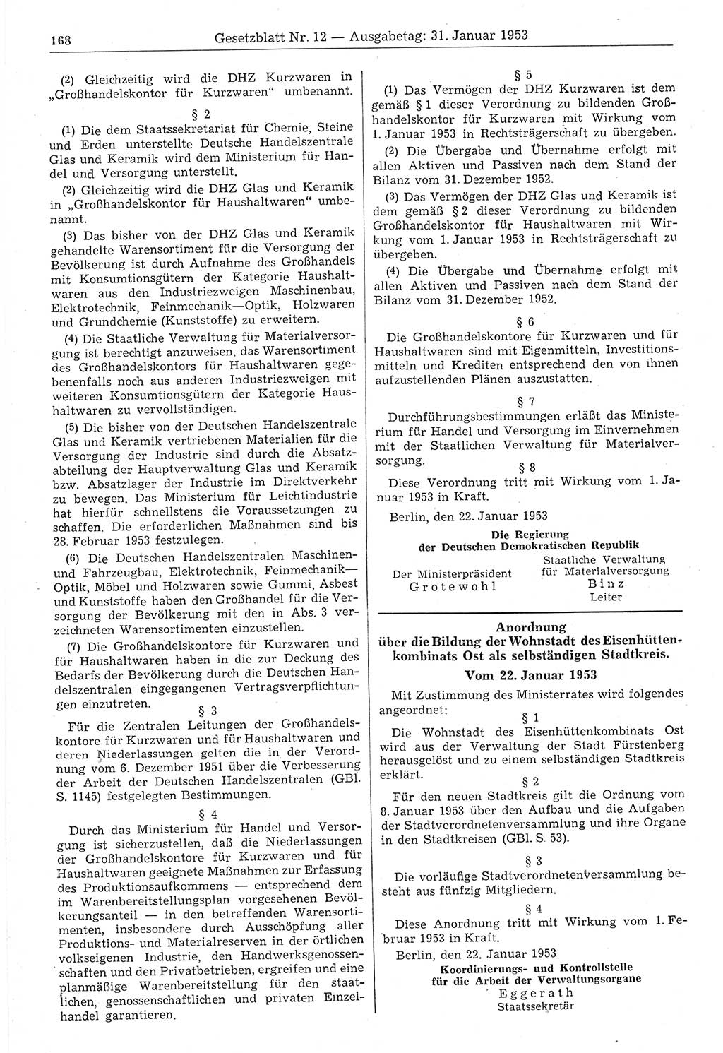 Gesetzblatt (GBl.) der Deutschen Demokratischen Republik (DDR) 1953, Seite 168 (GBl. DDR 1953, S. 168)