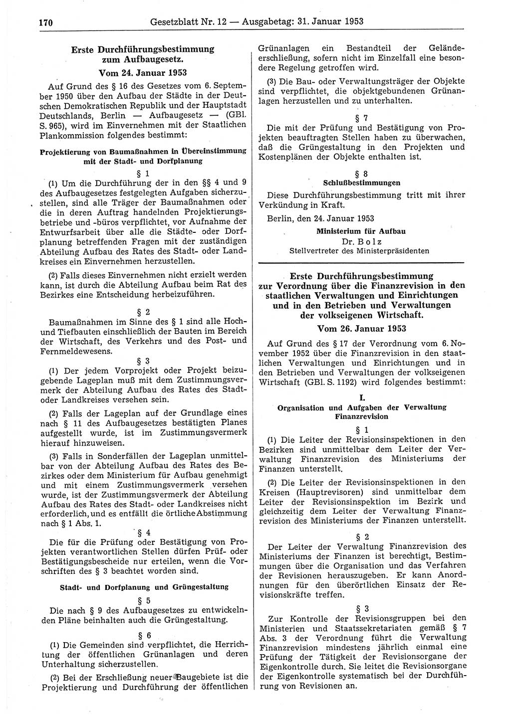 Gesetzblatt (GBl.) der Deutschen Demokratischen Republik (DDR) 1953, Seite 170 (GBl. DDR 1953, S. 170)