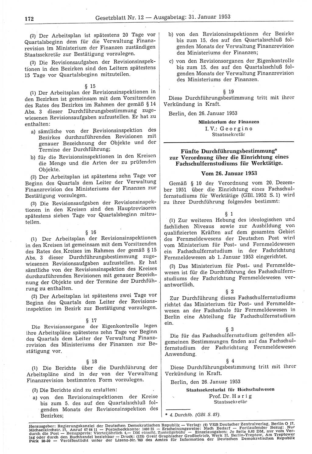 Gesetzblatt (GBl.) der Deutschen Demokratischen Republik (DDR) 1953, Seite 172 (GBl. DDR 1953, S. 172)