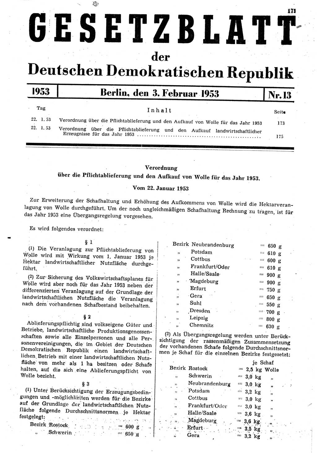 Gesetzblatt (GBl.) der Deutschen Demokratischen Republik (DDR) 1953, Seite 173 (GBl. DDR 1953, S. 173)