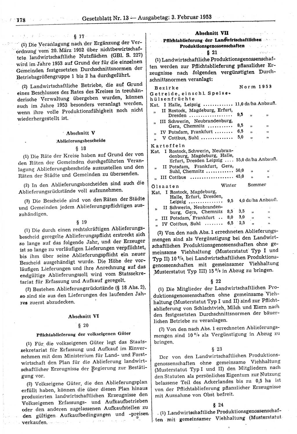Gesetzblatt (GBl.) der Deutschen Demokratischen Republik (DDR) 1953, Seite 178 (GBl. DDR 1953, S. 178)
