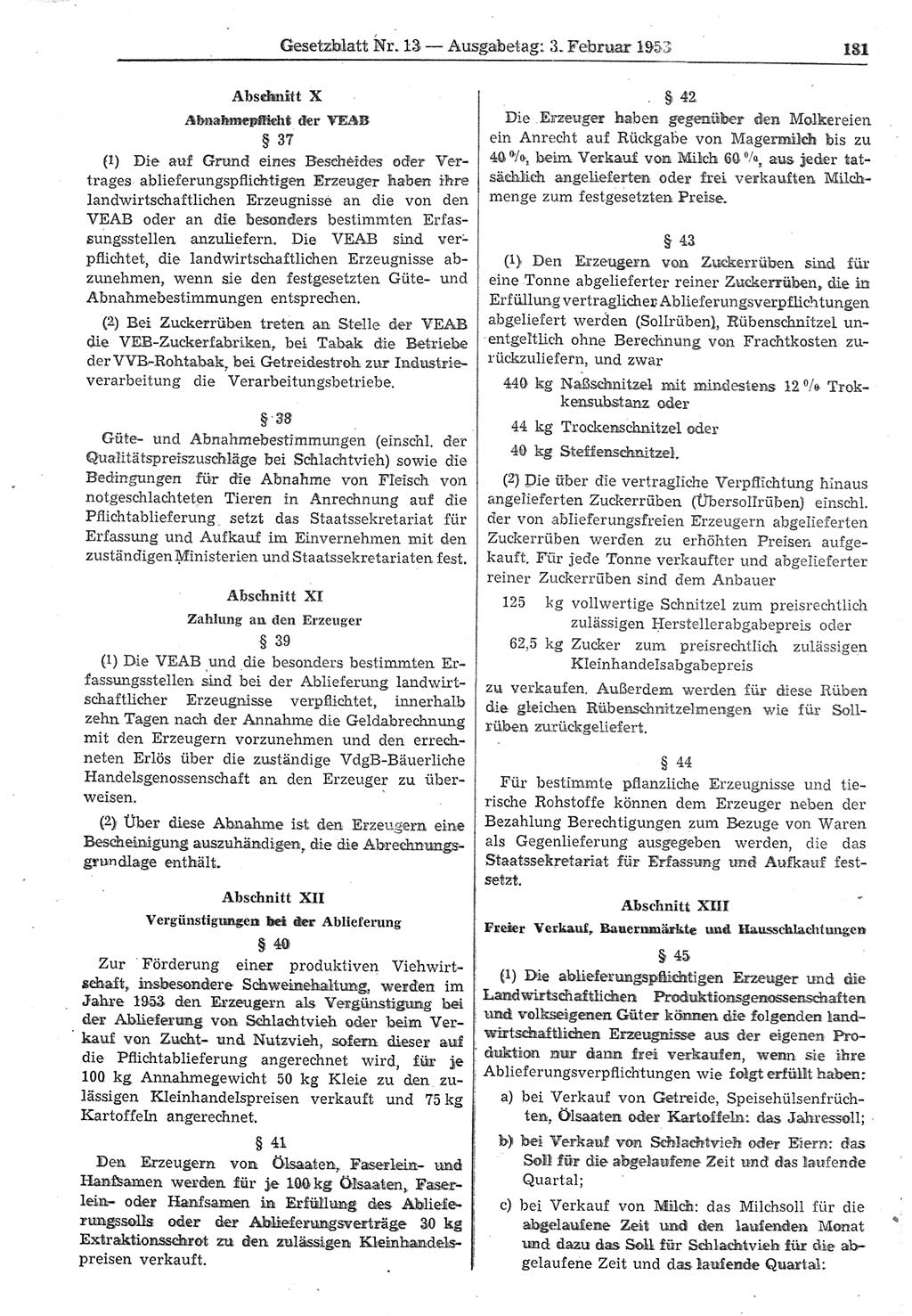 Gesetzblatt (GBl.) der Deutschen Demokratischen Republik (DDR) 1953, Seite 181 (GBl. DDR 1953, S. 181)