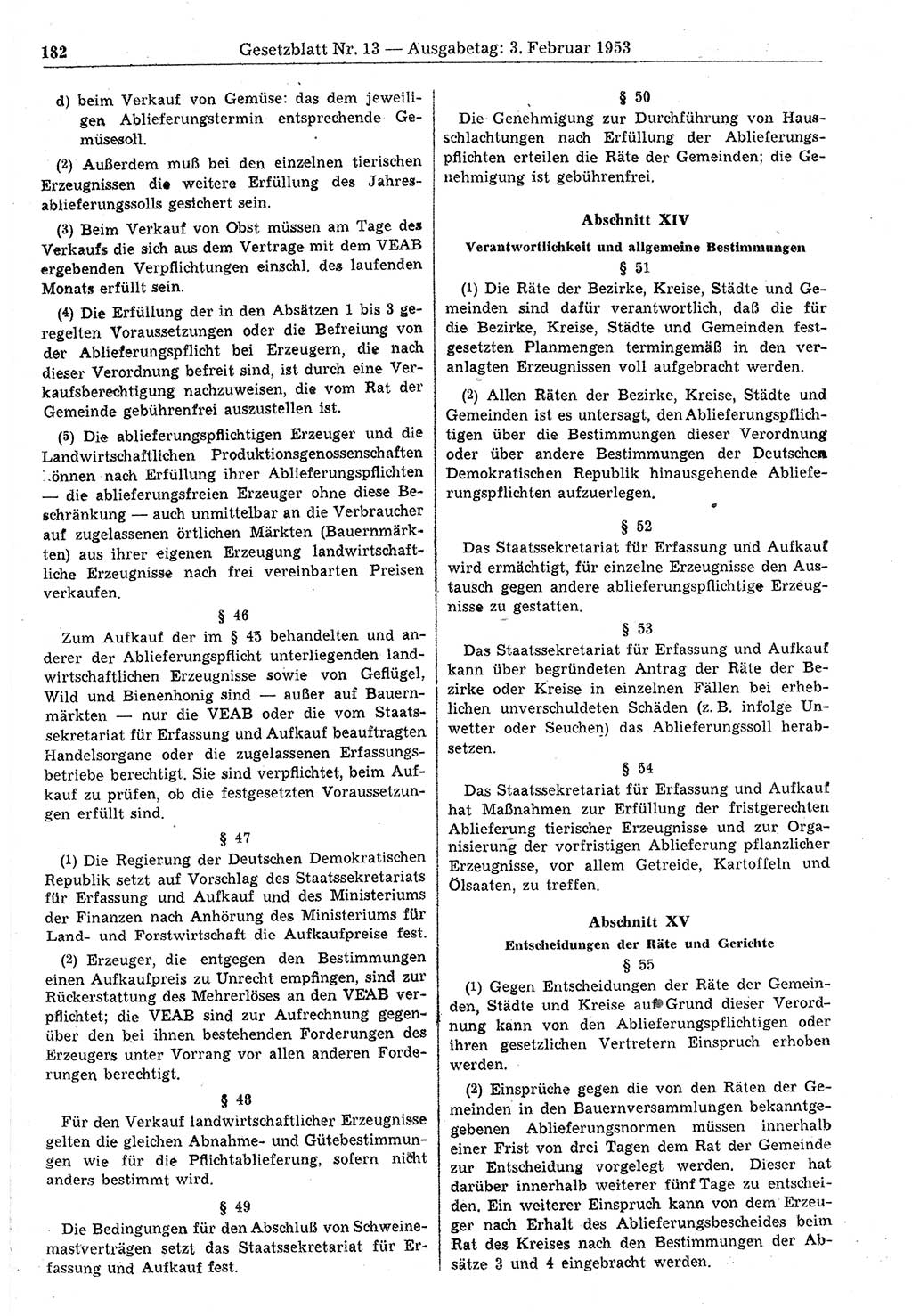Gesetzblatt (GBl.) der Deutschen Demokratischen Republik (DDR) 1953, Seite 182 (GBl. DDR 1953, S. 182)