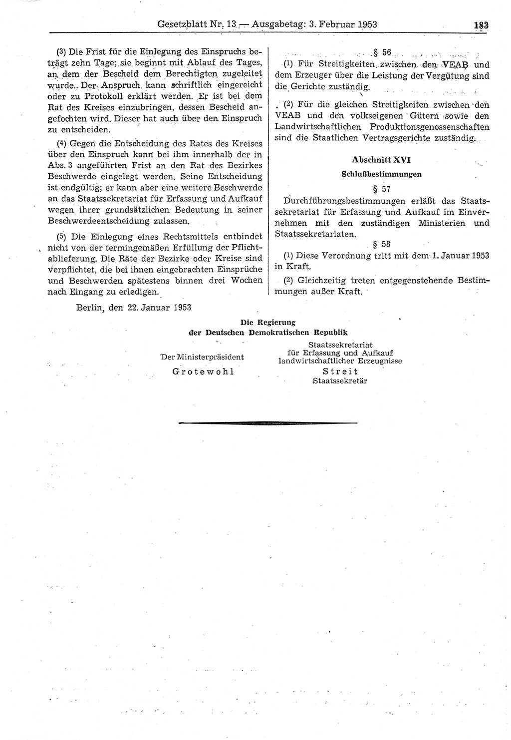 Gesetzblatt (GBl.) der Deutschen Demokratischen Republik (DDR) 1953, Seite 183 (GBl. DDR 1953, S. 183)