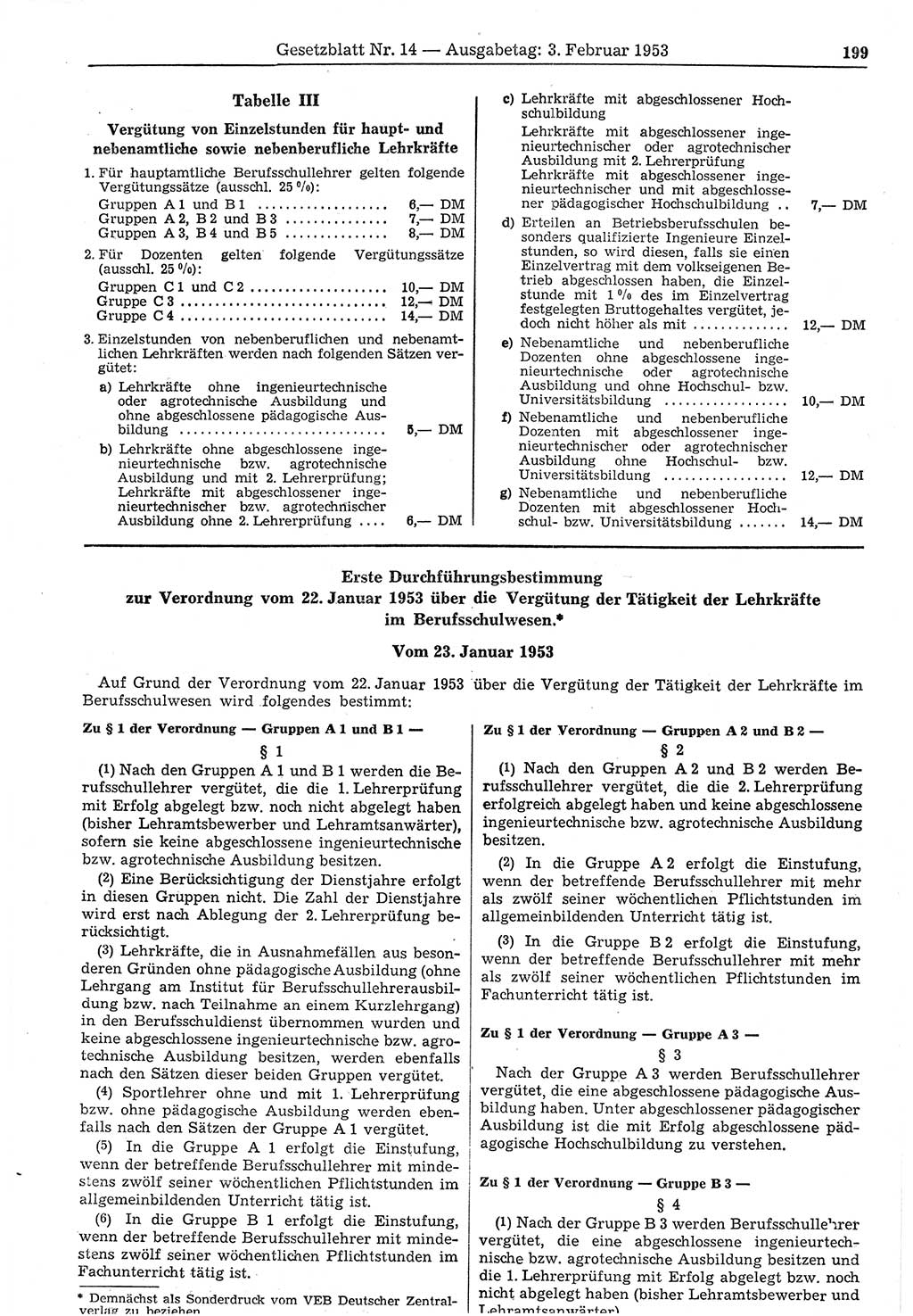 Gesetzblatt (GBl.) der Deutschen Demokratischen Republik (DDR) 1953, Seite 199 (GBl. DDR 1953, S. 199)