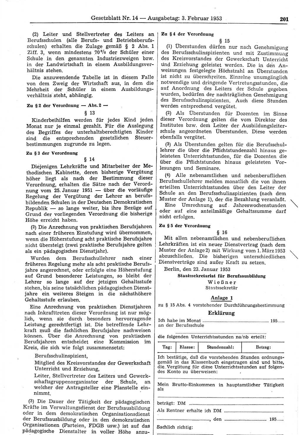 Gesetzblatt (GBl.) der Deutschen Demokratischen Republik (DDR) 1953, Seite 201 (GBl. DDR 1953, S. 201)