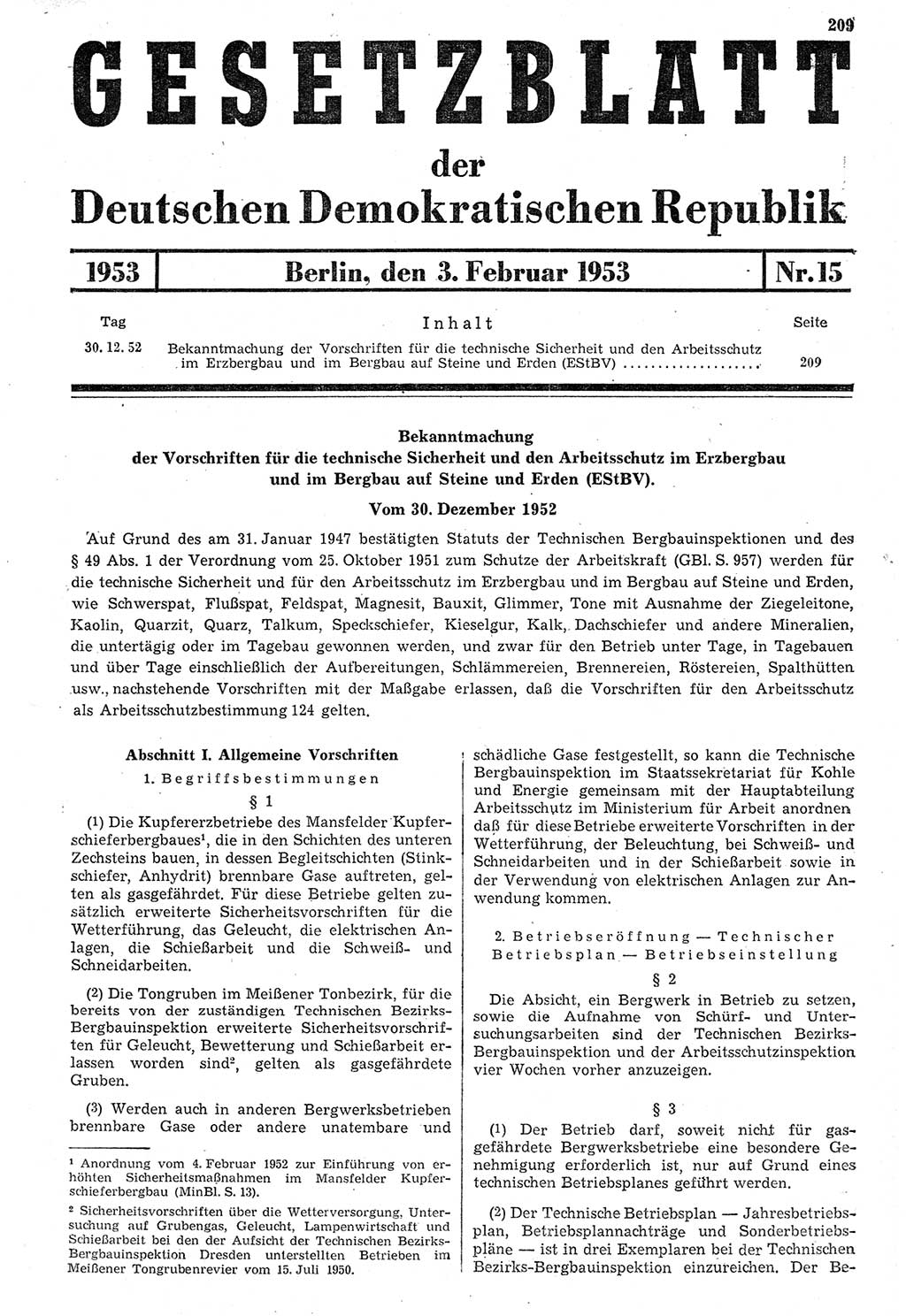 Gesetzblatt (GBl.) der Deutschen Demokratischen Republik (DDR) 1953, Seite 209 (GBl. DDR 1953, S. 209)
