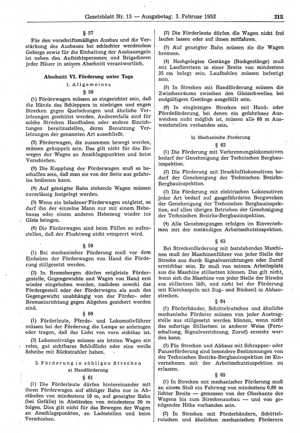 Gesetzblatt (GBl.) der Deutschen Demokratischen Republik (DDR) 1953, Seite 215 (GBl. DDR 1953, S. 215)