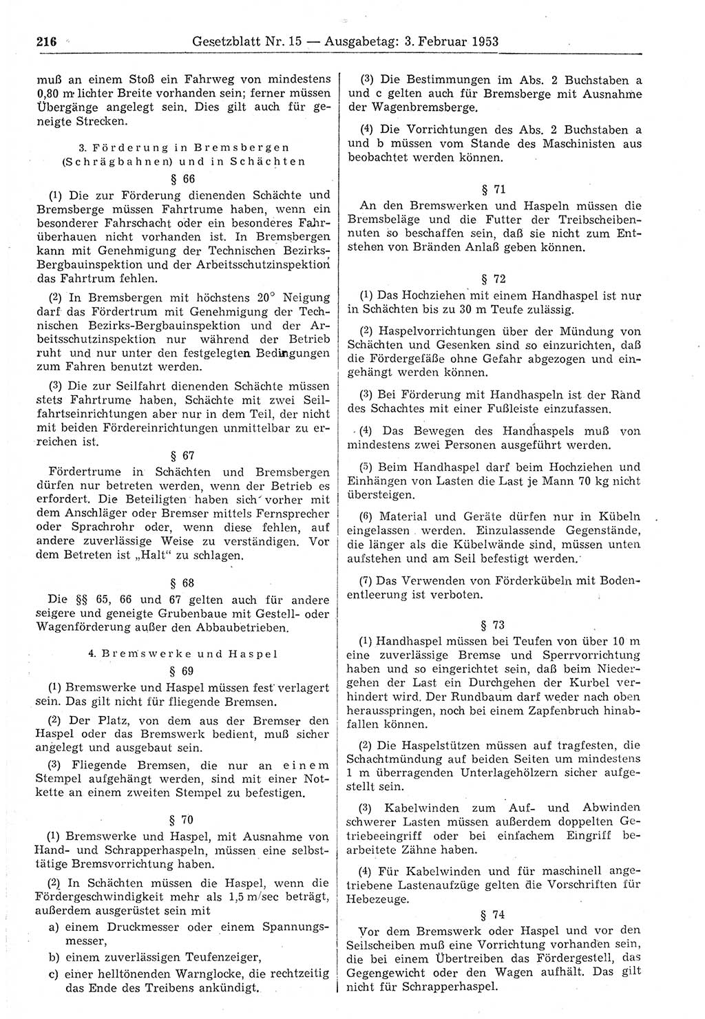 Gesetzblatt (GBl.) der Deutschen Demokratischen Republik (DDR) 1953, Seite 216 (GBl. DDR 1953, S. 216)