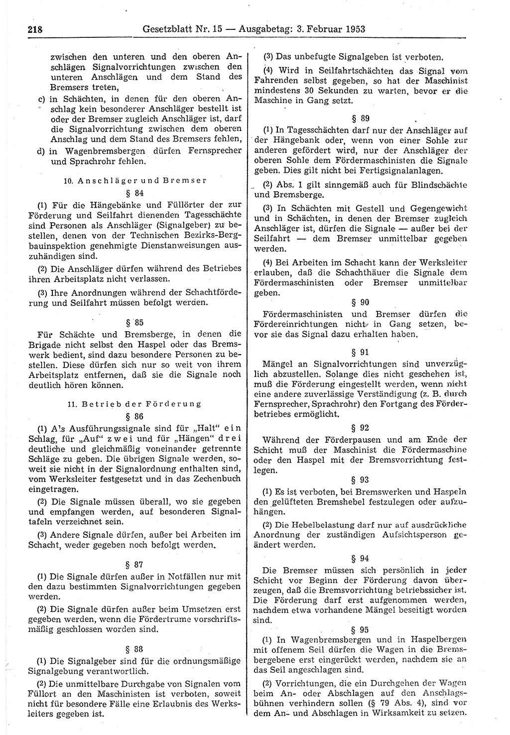 Gesetzblatt (GBl.) der Deutschen Demokratischen Republik (DDR) 1953, Seite 218 (GBl. DDR 1953, S. 218)