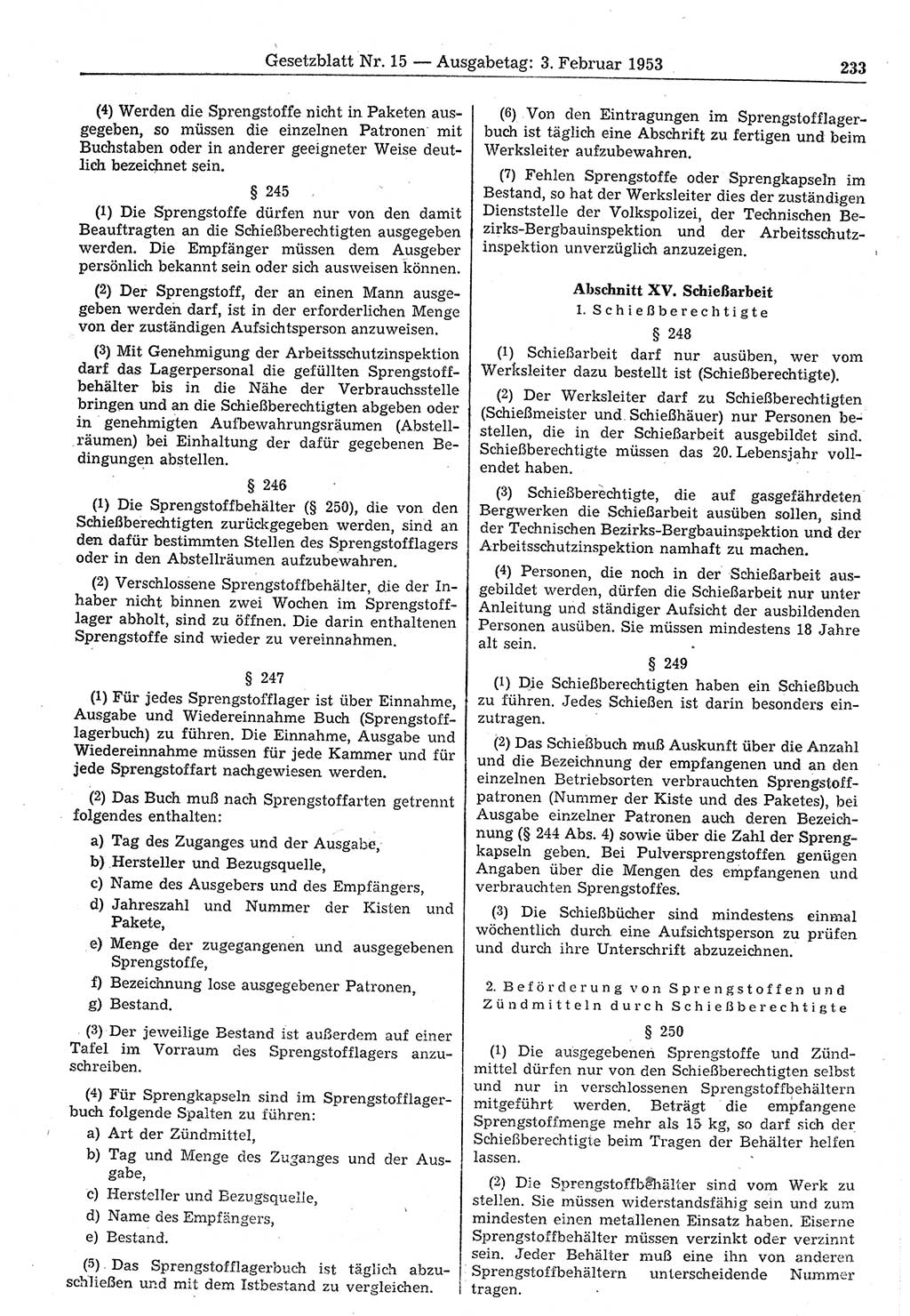 Gesetzblatt (GBl.) der Deutschen Demokratischen Republik (DDR) 1953, Seite 233 (GBl. DDR 1953, S. 233)