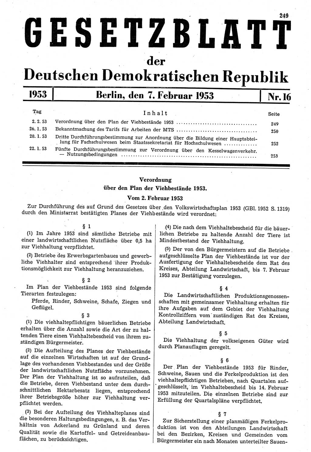 Gesetzblatt (GBl.) der Deutschen Demokratischen Republik (DDR) 1953, Seite 249 (GBl. DDR 1953, S. 249)