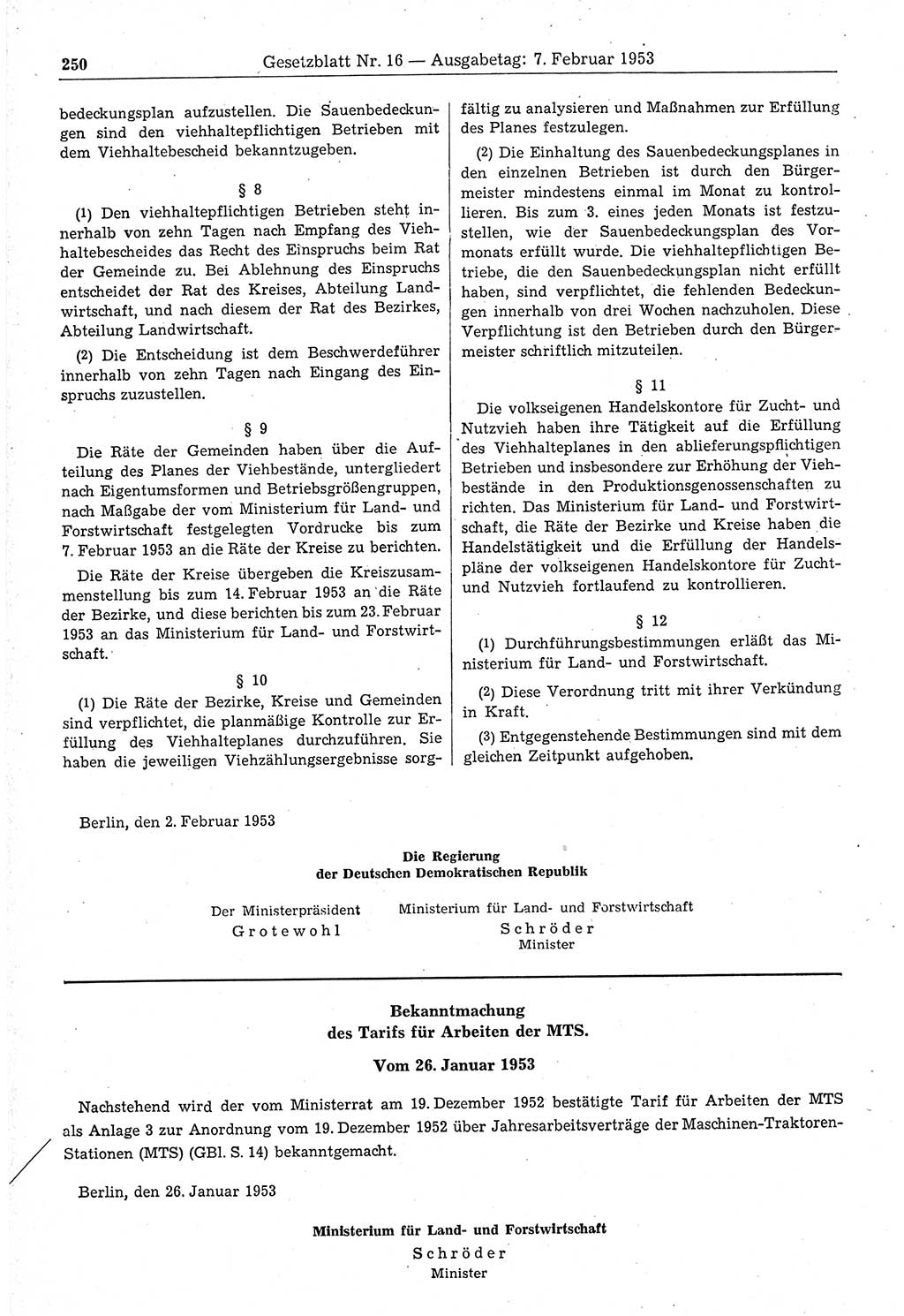 Gesetzblatt (GBl.) der Deutschen Demokratischen Republik (DDR) 1953, Seite 250 (GBl. DDR 1953, S. 250)