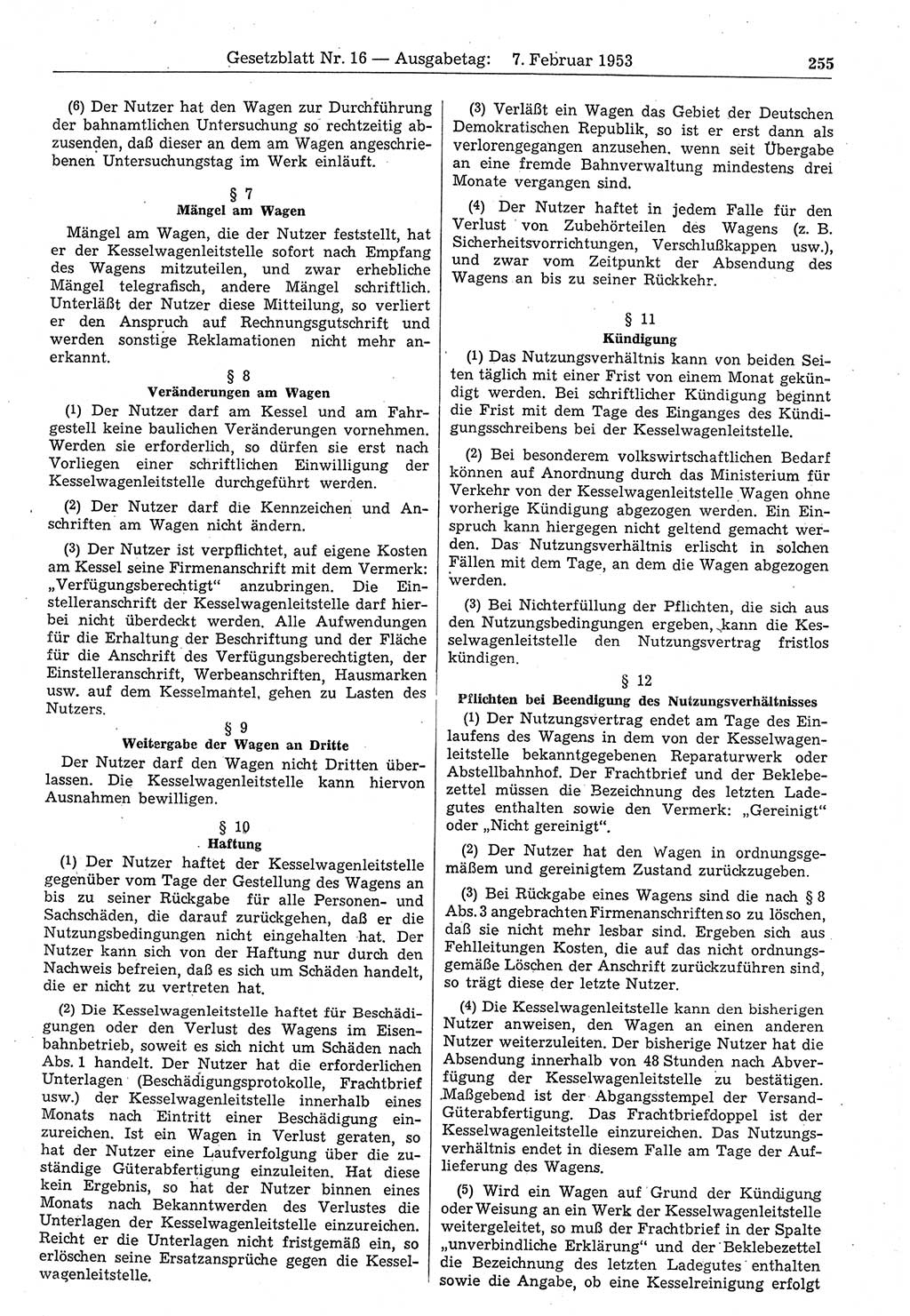 Gesetzblatt (GBl.) der Deutschen Demokratischen Republik (DDR) 1953, Seite 255 (GBl. DDR 1953, S. 255)