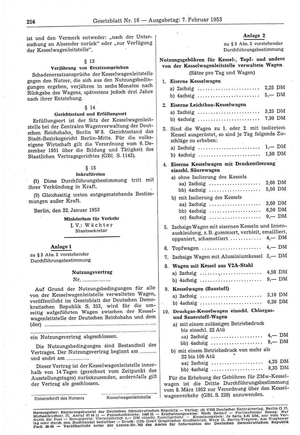 Gesetzblatt (GBl.) der Deutschen Demokratischen Republik (DDR) 1953, Seite 256 (GBl. DDR 1953, S. 256)