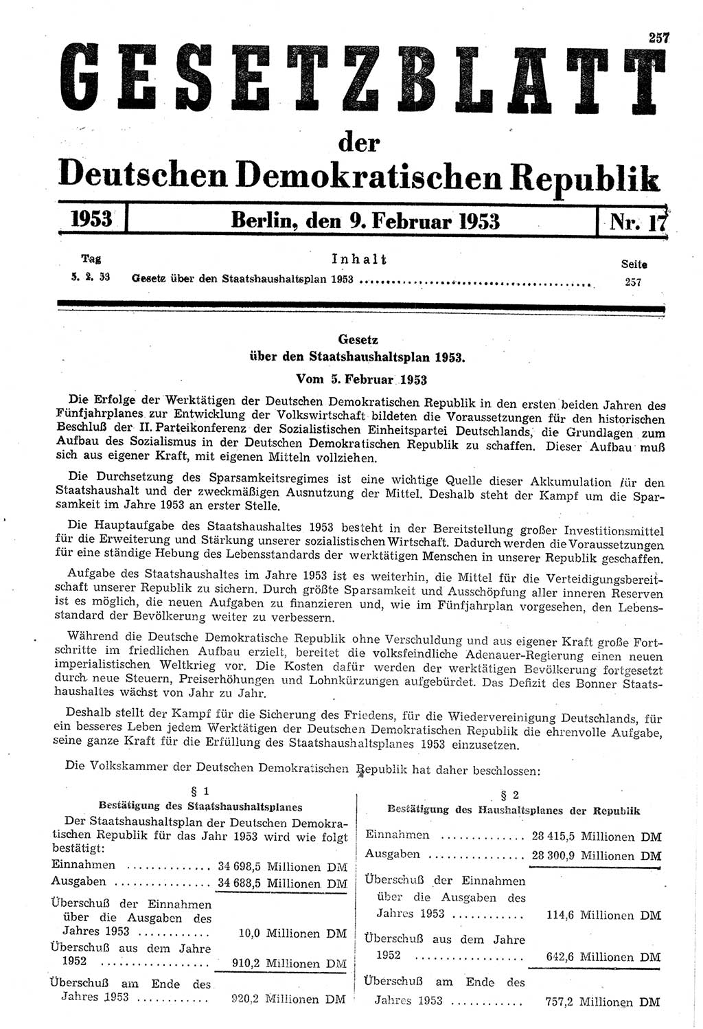 Gesetzblatt (GBl.) der Deutschen Demokratischen Republik (DDR) 1953, Seite 257 (GBl. DDR 1953, S. 257)
